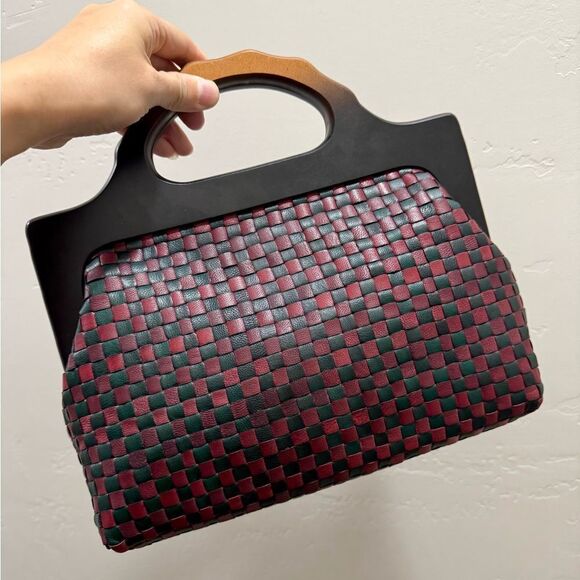 Colorblock Woven Cowhide Handmade Wooden Frame Top Handle Satchel, Crossbody Bag - Picture 9 of 16